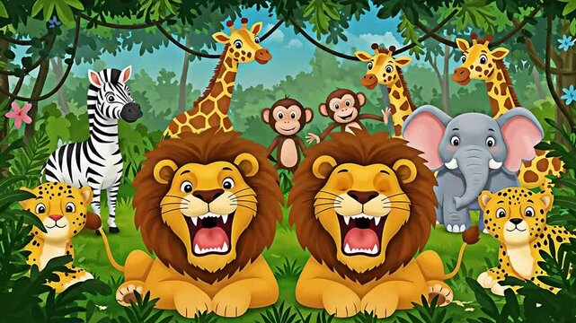 Cute cartoon lion, lioness, and tiger with happy faces in a fun jungle safari theme
