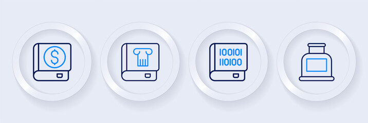 Set line Inkwell, Books about programming, History book and Financial icon. Vector