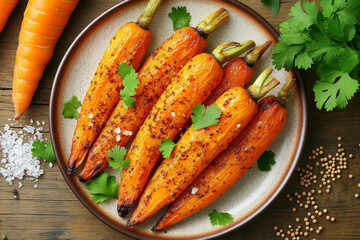 Roasted Carrots with Cumin and Coriander served on a ceramic plate, roasted carrots with crispy, caramelized edges, coated with a blend of cumin and coriander spices. Top view.