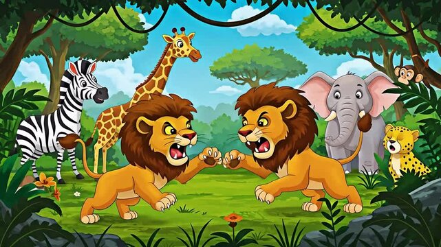 Cartoon roaring lion fighting in a lush jungle with safari animals. Ideal for kids educational videos or nursery story content.