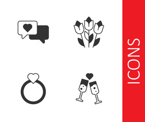 Set Glass of champagne, Heart in speech bubble, Diamond engagement ring and Flower tulip icon. Vector