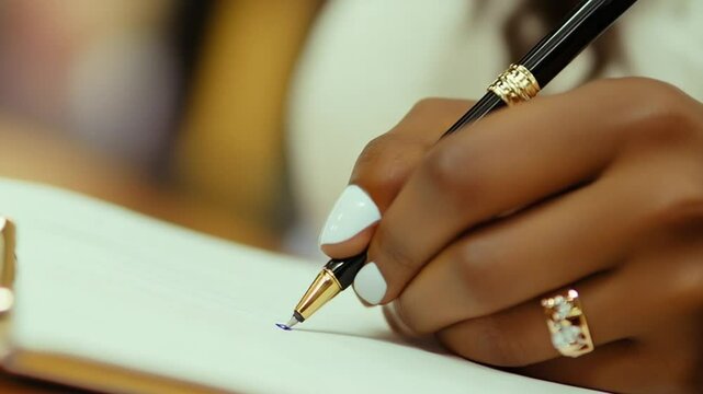 Close-up of a woman's hand writing with an elegant pen, conveying focus and precision