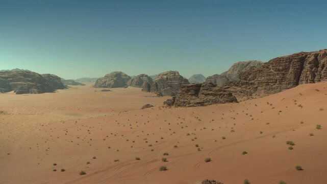Jordan, Wadi Rum, panoramic view on arid desert vastness lanscape