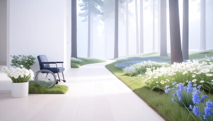 Wheelchair in Nature with Flower and Tree