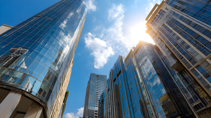 Naklejka premium Modern city skyscrapers with sun reflection on glass surface