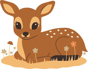 Adorable cartoon fawn lying in a meadow with flowers