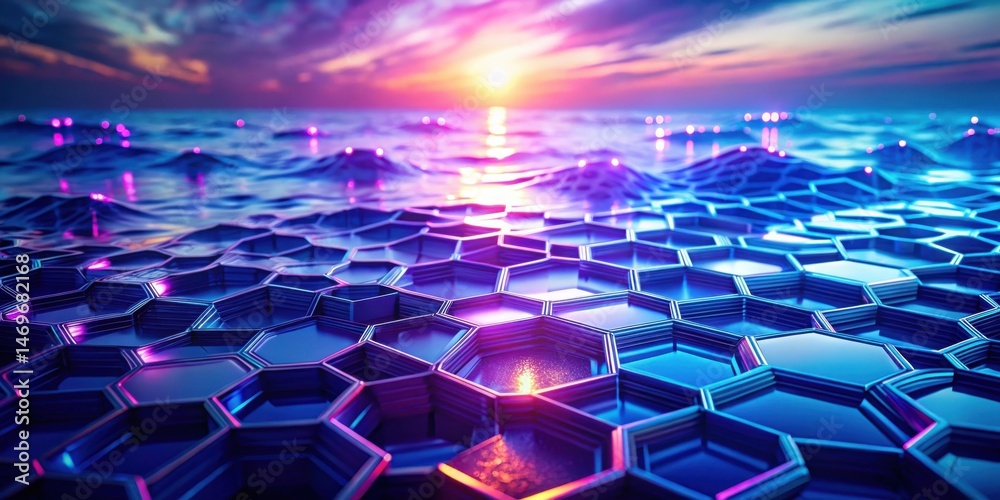 Poster abstract hexagonal structure reflecting vibrant sunset over a serene waterscape