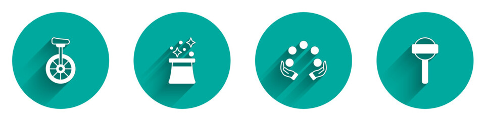 Set Unicycle, Magician hat, Juggling ball and Lollipop icon with long shadow. Vector © Iryna