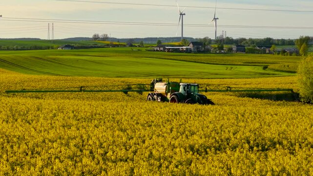 Modern tractor pulling pesticide sprayer over flowering canola field in rural landscape. Agricultural machinery spraying protective chemicals on blooming rapeseed. Farming vehicle treating yellow