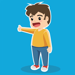 Young boy with giving a thumbs up gesture. Wearing yellow long sleeve shirt blue pants and red shoes. He is smiling with an open mouth and a bright blue background.