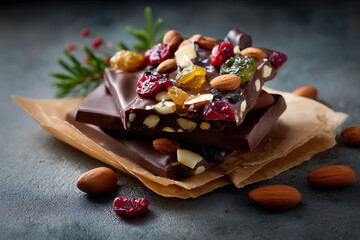 Artisan chocolate bark topped with mixed nuts and dried fruits arranged on craft paper with earthy textures evoking a rustic food market presentation
