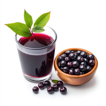 A glass of chokeberry juice garnished with fresh chokeberries on the rim, placed next to a bowl of fresh chokeberries, isolated on a white background