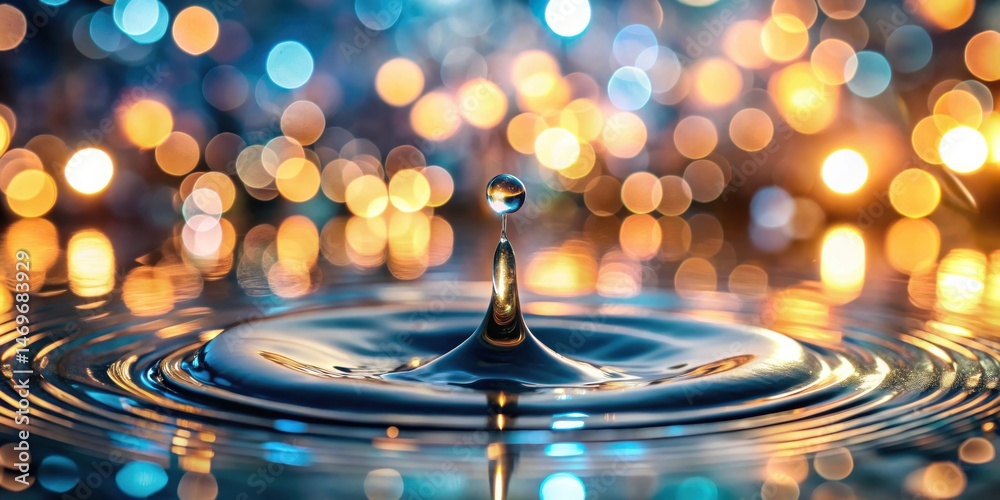 Poster a single water droplet impacting a still surface, creating mesmerizing concentric ripples against a 