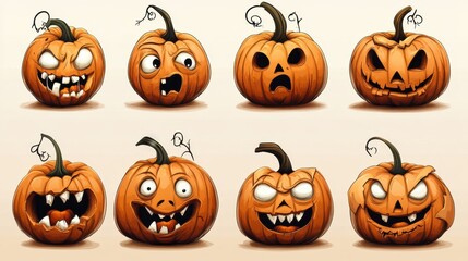 Collection of cartoon Halloween pumpkin faces with different expressions, including happy, surprised, angry, and scared, isolated on a beige background for seasonal design elements.