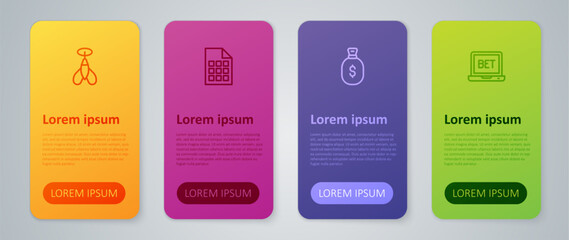 Set line Money bag, Online sports betting, Dart arrow and Lottery ticket. Business infographic template. Vector