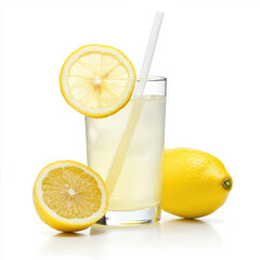 A glass of fresh lemonade with lemon slice garnish and straw next to a whole lemon on white background