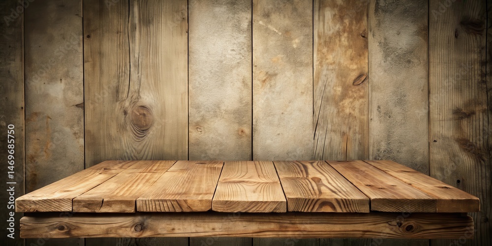 Poster Rustic Wooden Tabletop Display Against Weathered Plank Background Ideal for Product Showcase or Mockup Presentation