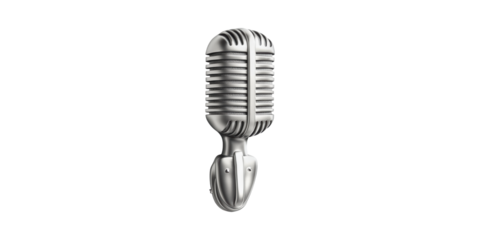 Vintage Silver Microphone. Classic Audio Equipment For Broadcasting And Music Isolated On Transparent Background