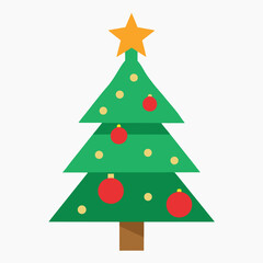 A festive green fir vector illustration showcases Christmas tree decoration with a bright star for holiday celebration