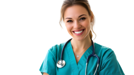 Smiling Nurse in Scrubs with Stethoscope Around Neck
