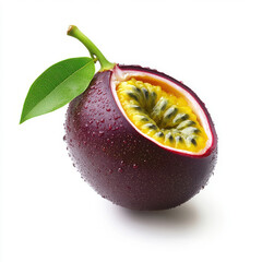 A close-up of a passion fruit with droplets of water on its surface, emphasizing its freshness, isolated on a white background