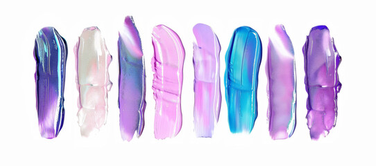 Holographic rainbow lipstick or paint smears set, isolated on white background. Trendy color makeup smudge swatches of creamy eye shadow, lipstick or brush strokes on a white background