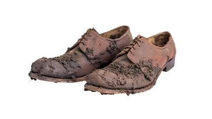 Vintage Old Brown Shoes Covered in Mud from 1800s Isolated on Transparent Background