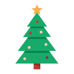 A green fir christmas tree vector illustration shows a festive holiday decoration with a star ornament for xmas celebration