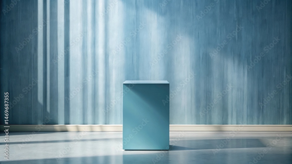 Poster serene teal cube on a sunlit wall in a minimalist room setting