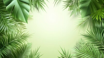 Tropical foliage frame on a light green background.