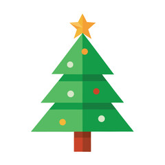 This is a vector illustration of a green Christmas fir tree, isolated on white, adorned with a star and balls for holiday decoration and xmas celebration