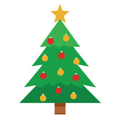 A festive green fir tree, adorned with a bright star and colorful balls, stands isolated as a vector illustration for holiday decoration and Christmas celebration