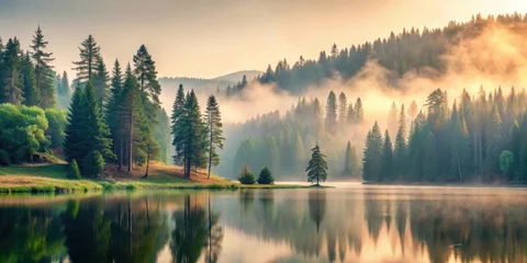 Tableau sur aluminium  Serene Sunrise Over a Misty Lake, Reflected in Still Waters, Flanked by Majestic Evergreen Trees on a Calm Morning  © parichart