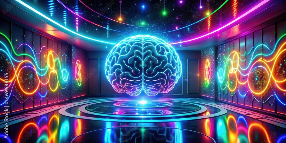 Fototapete A vibrant, futuristic chamber showcases a luminescent brain, encircled by a dazzling array of neon lights and intricate patterns, creating a captivating spectacle of imagination and innovation.