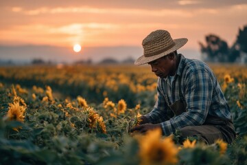 Fototapeta premium African Farmer Inspecting Sunflower Crop in Field at Sunrise, Wearing Straw Hat and Plaid Shirt, Agriculture and Farming Concepts