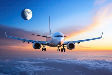 Obraz premium Airplane in flight above clouds at sunset