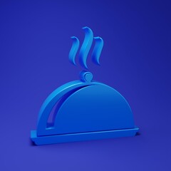 Blue Covered with a tray of food icon isolated on blue background. Tray and lid. Restaurant cloche with lid. Kitchenware symbol. Minimalism concept. 3D render illustration
