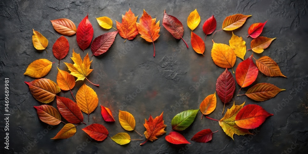 Poster Autumnal foliage arranged in a circular frame against a dark textured backdrop