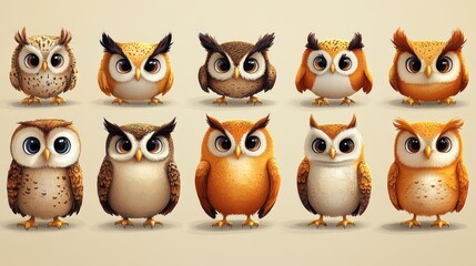 Obraz premium Adorable cartoon owls collection, digital design, neutral background, app icons