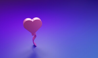 Pink Balloon in form of heart with ribbon icon isolated on purple-blue background. Valentines day symbol. Minimalism concept. 3D render illustration