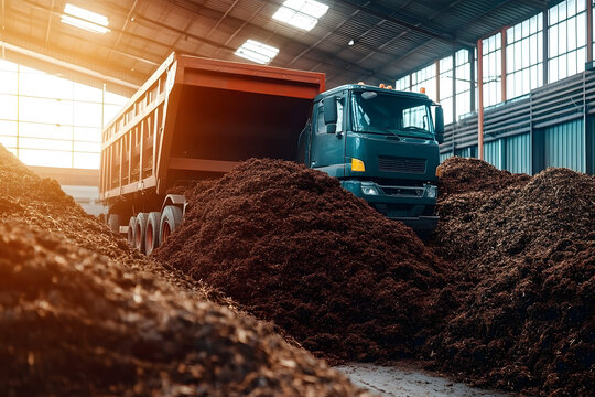 A truck unloads a large pile of compost in a warehouse, showcasing agricultural waste management.