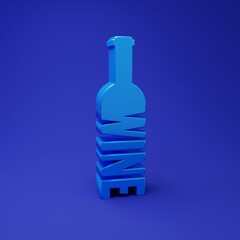 Blue Bottle of wine icon isolated on blue background. Lettering bottle of wine. Minimalism concept. 3D render illustration