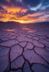 Desolate landscape with a beautiful sunset in the background. The sky is filled with clouds