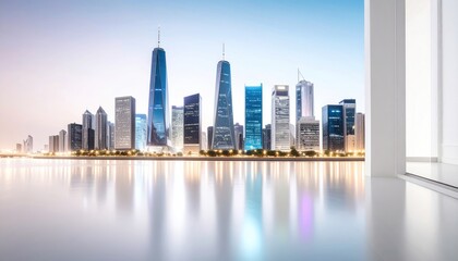 Obraz premium City Skyline View From Room, Modern Buildings Reflecting in Water