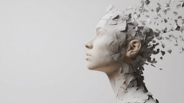 Abstract depiction of a fractured female profile.