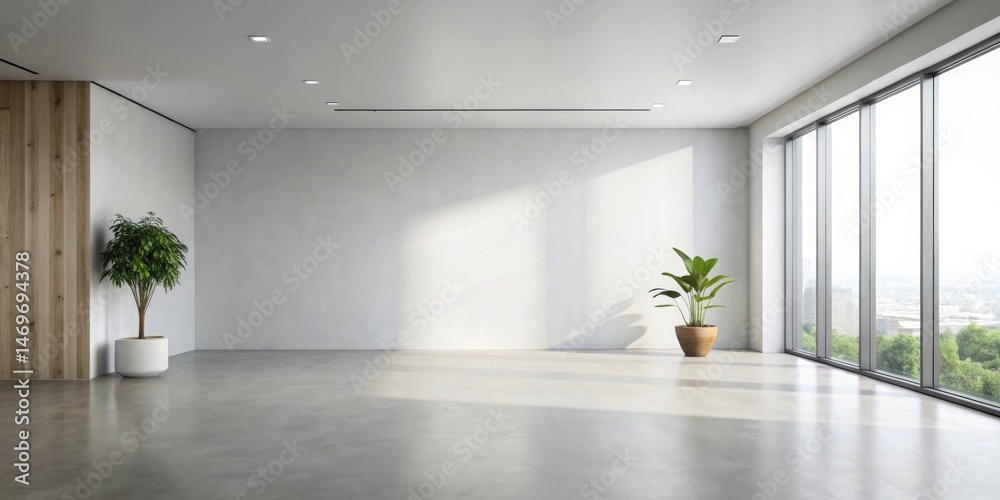 Poster modern minimalist room with large window and potted plants, showcasing ample natural light and a neu