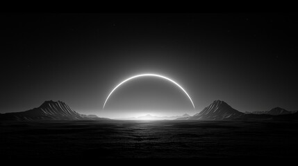 Fototapeta premium A dramatic black and white image of a solar eclipse, with the sun's corona partially obscuring the landscape.