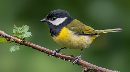 Naklejka premium A small bird with a black head and yellow breast perches on a branch.