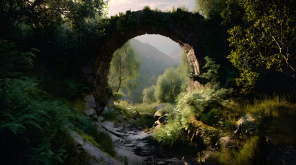 Overgrown stone arch in lush valley under soft light