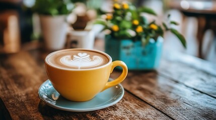 Aromatic latte art in a vibrant yellow mug on a rustic wooden table with plants in the background.